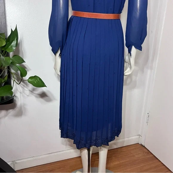 Vintage Ralph Baker Dress Navy Blue Pleated Skirt Chiffon Midi Dres Midi Size 6 - Picture 3 of 16